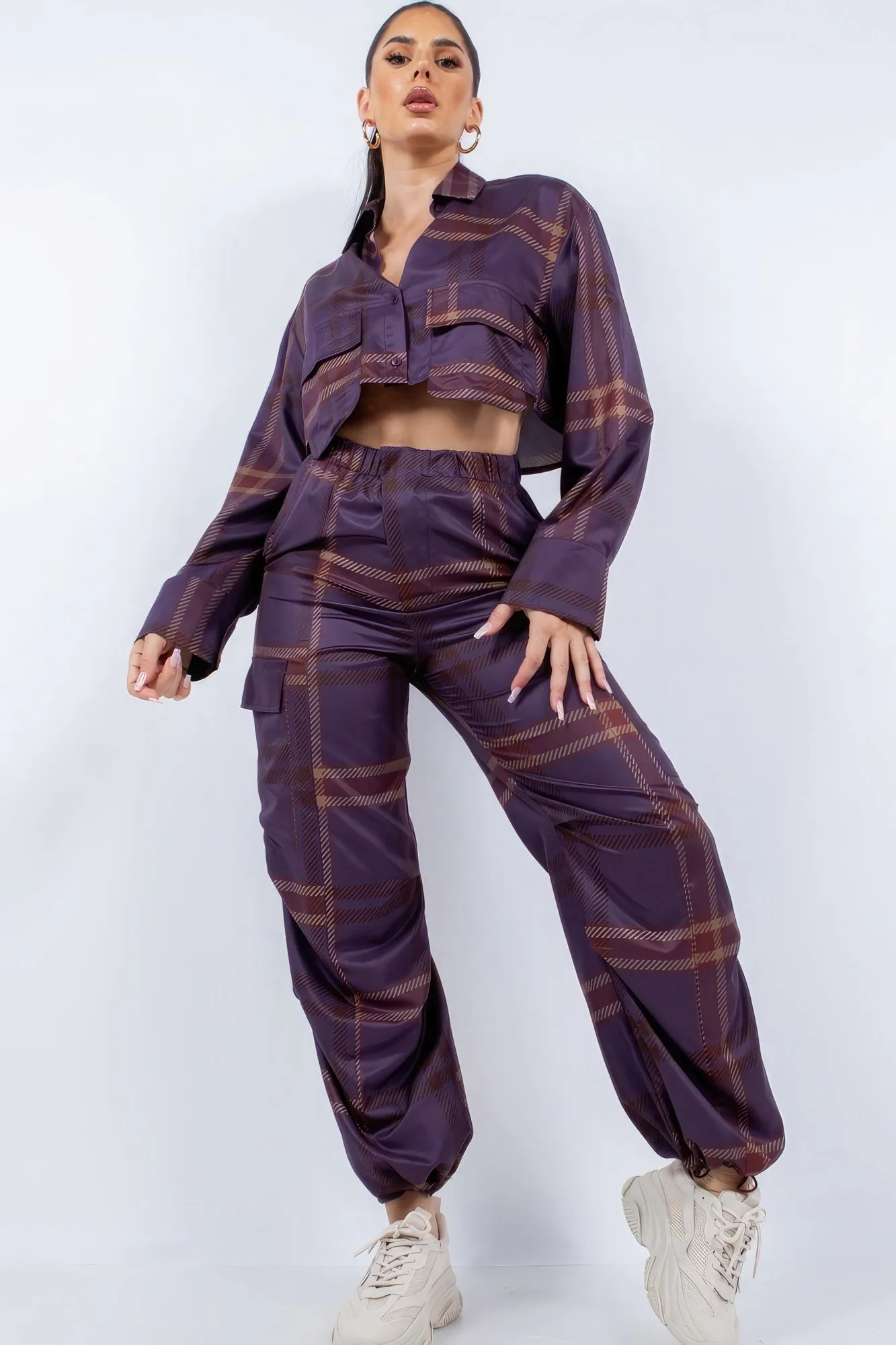 2 Piece Trendy Cropped Shirt & Cargo Pants Set