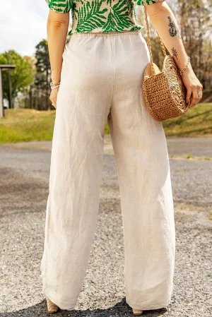 Apricot Linen Culottes with Elastic Waist and Drawstring