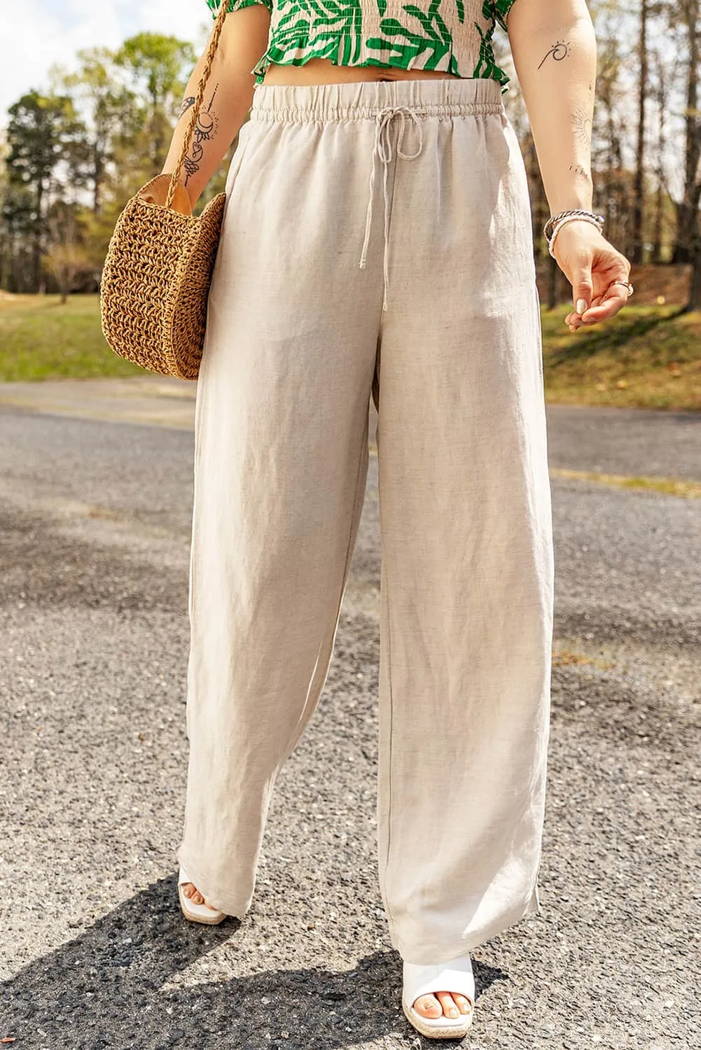 Apricot Linen Culottes with Elastic Waist and Drawstring