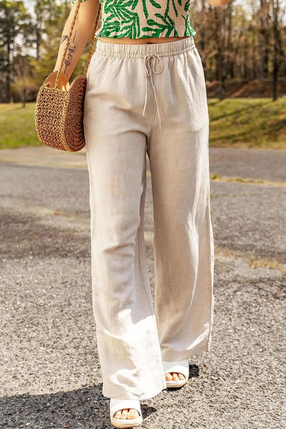 Apricot Linen Culottes with Elastic Waist and Drawstring