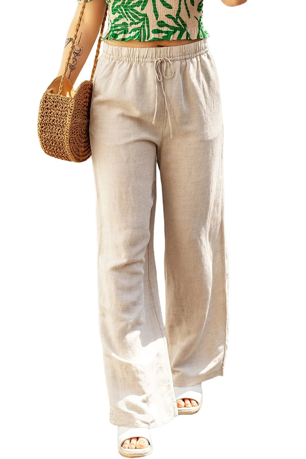 Apricot Linen Culottes with Elastic Waist and Drawstring