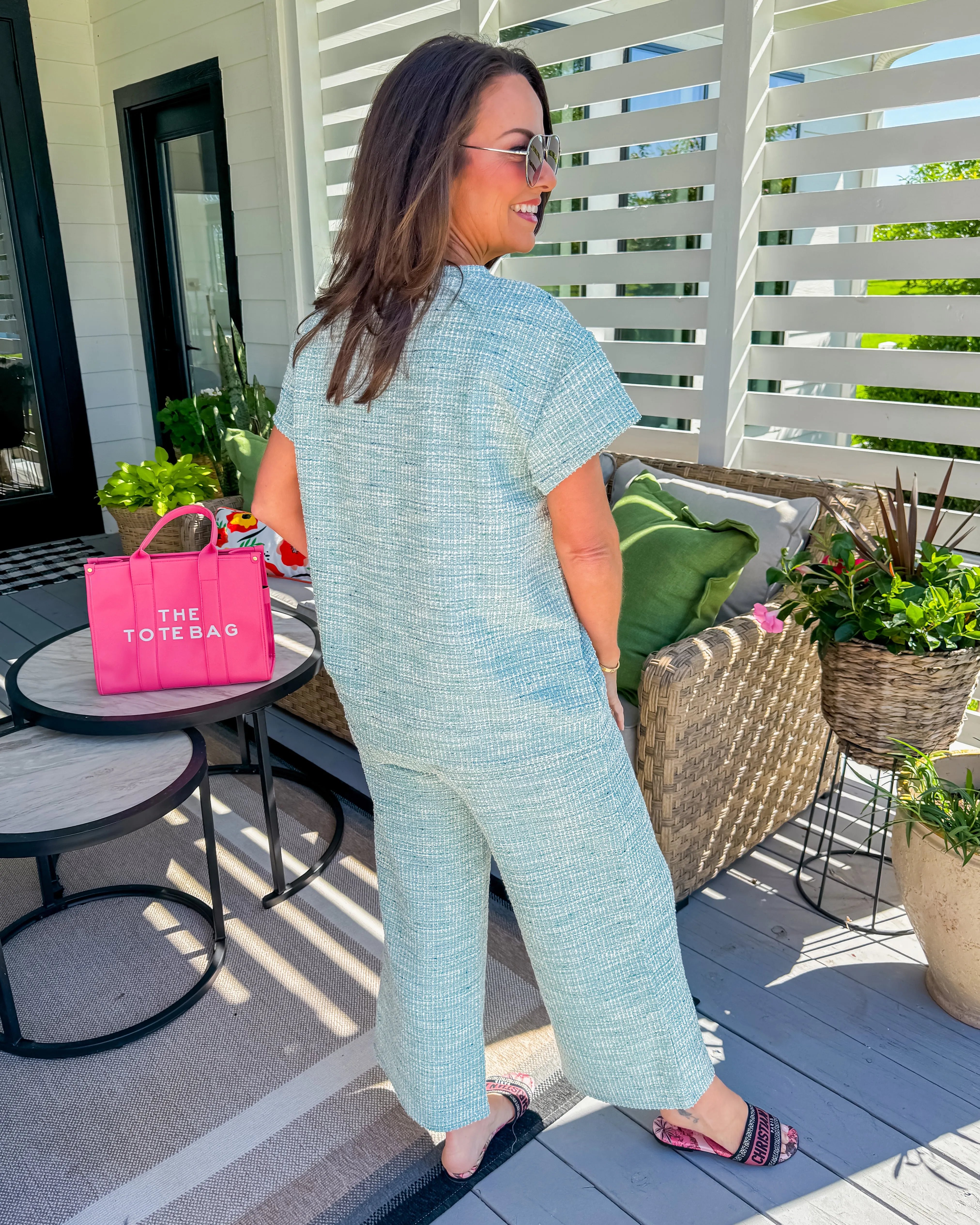 Aqua Textured Short Sleeve Top & Pants Lounge Set