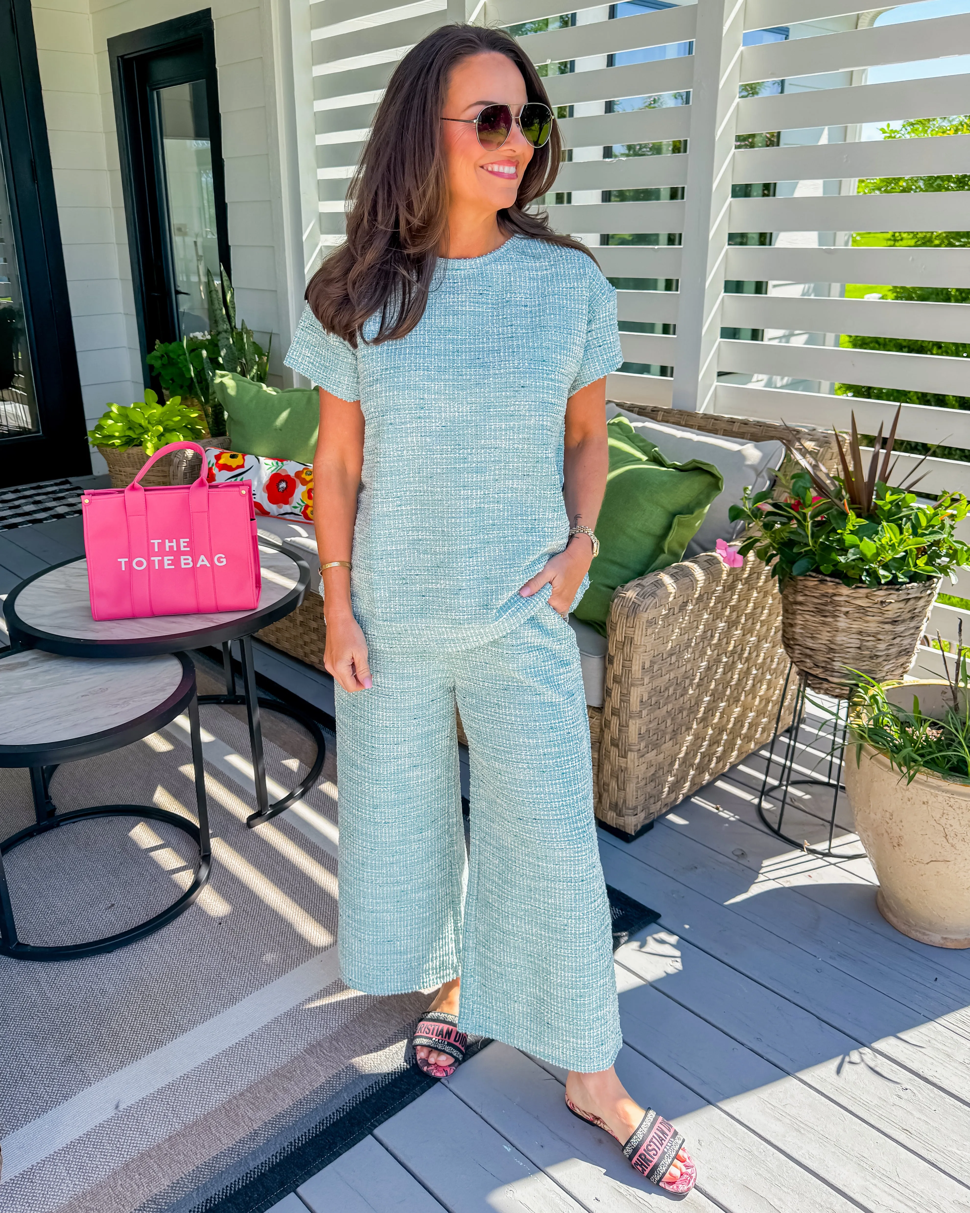 Aqua Textured Short Sleeve Top & Pants Lounge Set