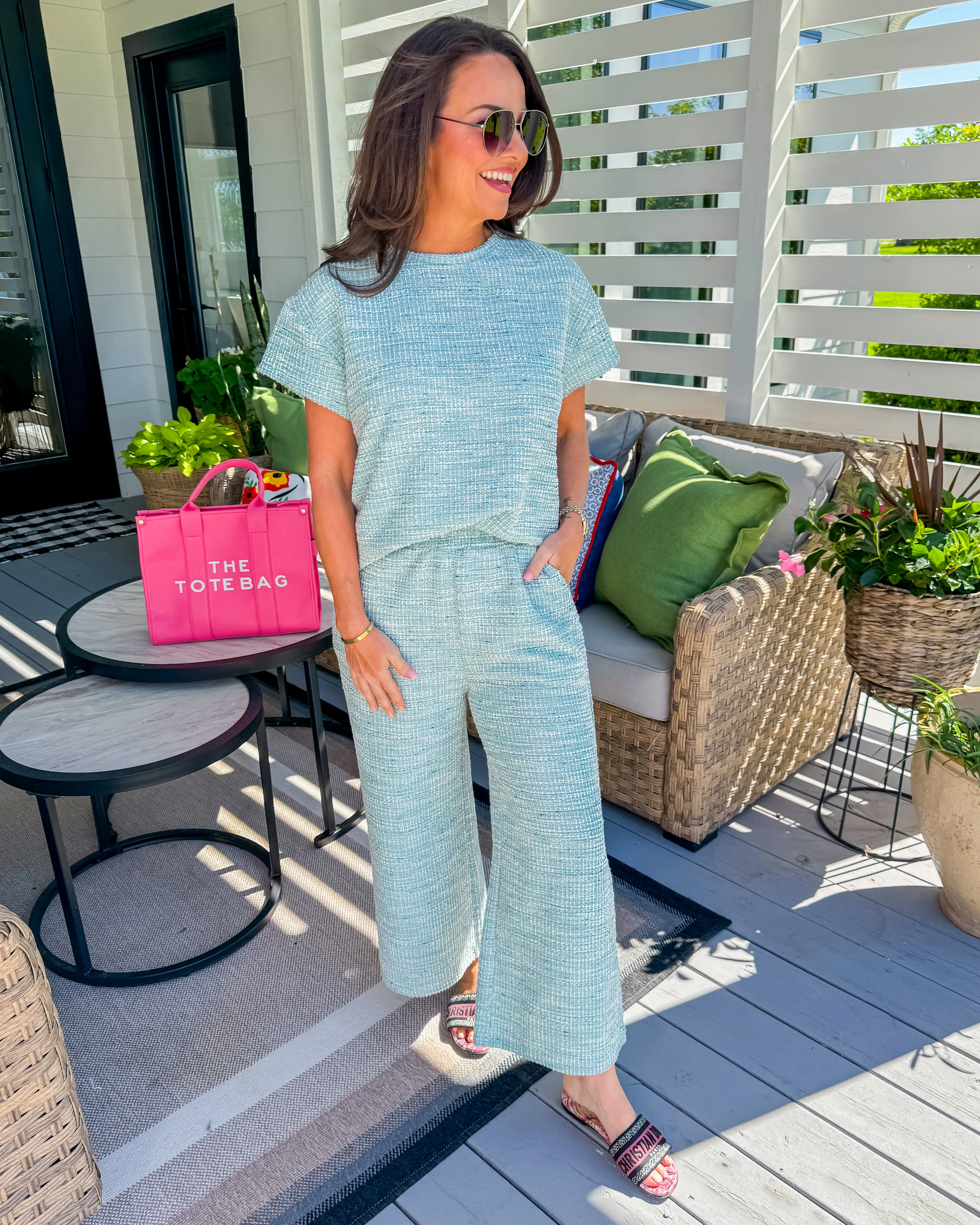 Aqua Textured Short Sleeve Top & Pants Lounge Set