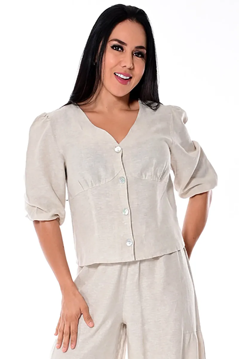 Azucar 100% Linen Ladies 3/4 Sleeve Button Down Linen Blouse-LLB1699