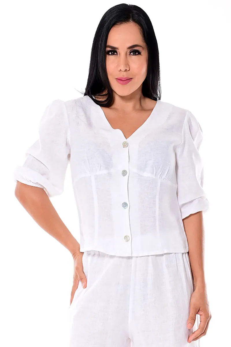 Azucar 100% Linen Ladies 3/4 Sleeve Button Down Linen Blouse-LLB1699