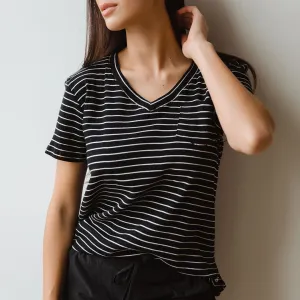 Basic V Neck Tee, Chunky Black and White Stripe