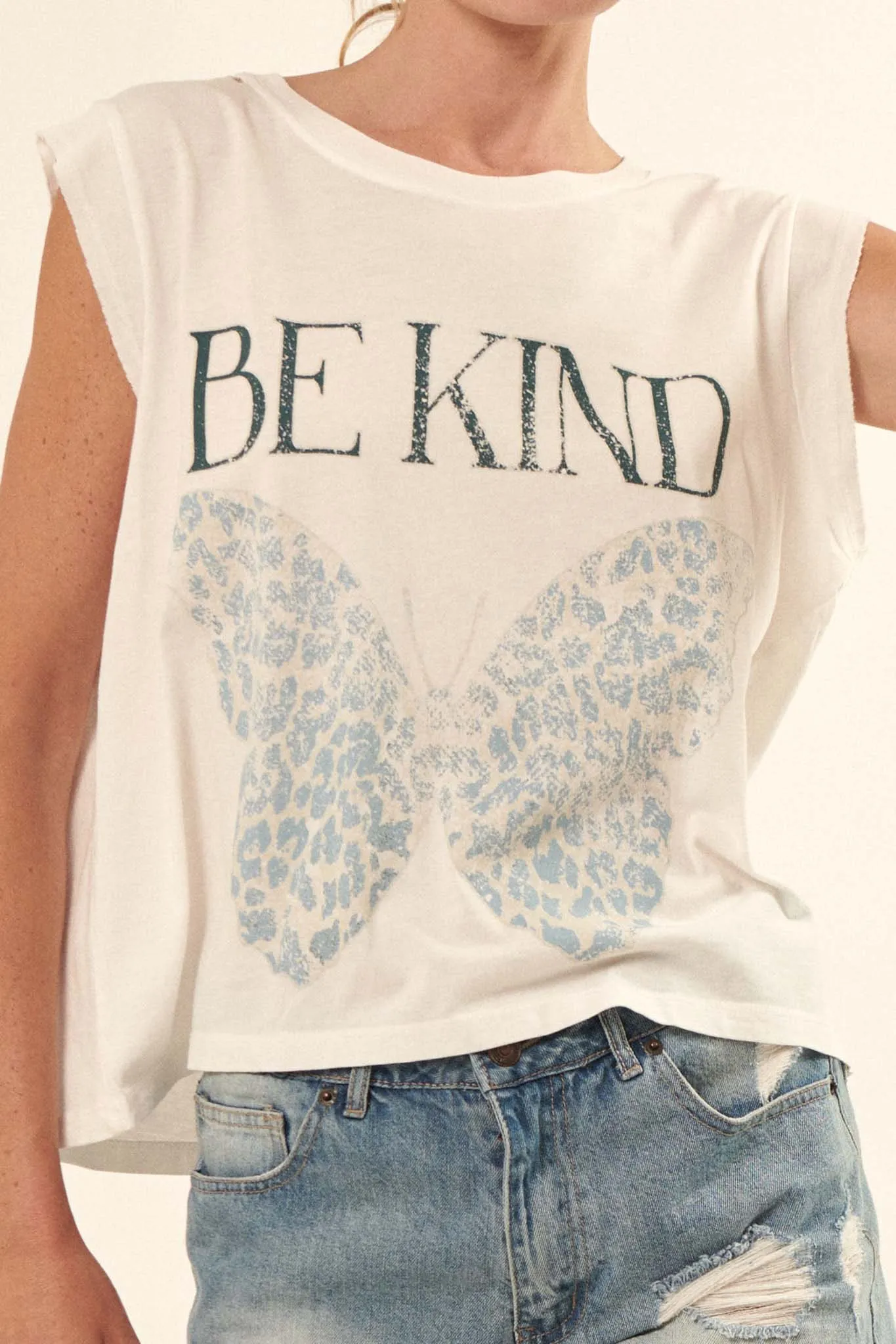 Be Kind Butterfly Sleeveless Distressed Graphic Tee