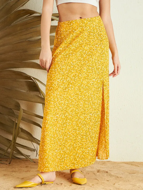 Berrylush Women Yellow & White Floral Printed High-Rise Waist Crepe Side-Slit Flared A-Line Maxi Skirt