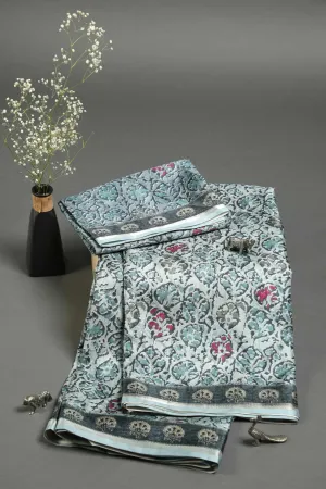 Blissful Sky Blue Colored Cotton Linen Designer Printed Saree