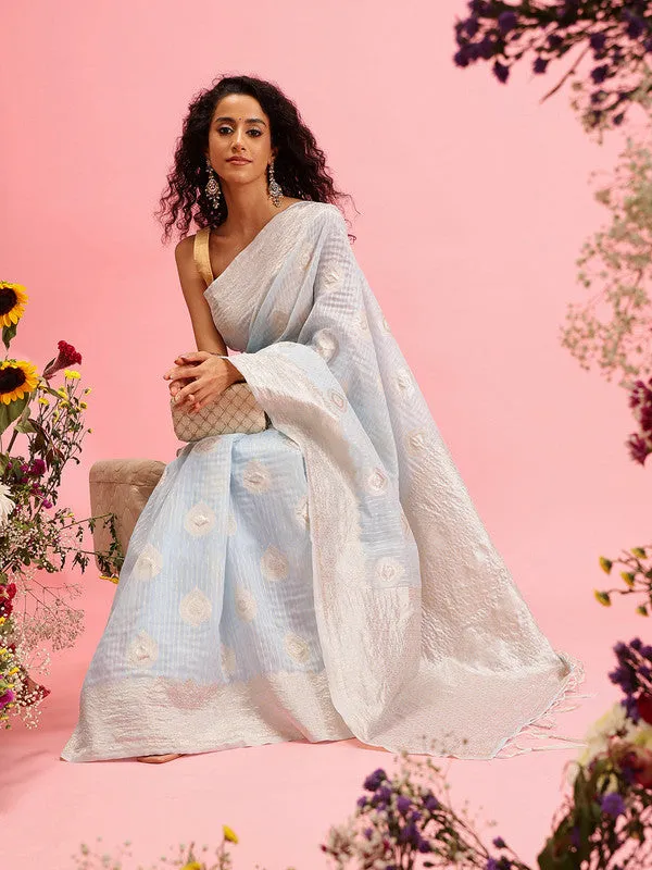 Blue Linen Woven Thread Floral Saree with Unstitched Blouse - Hiral Fashion