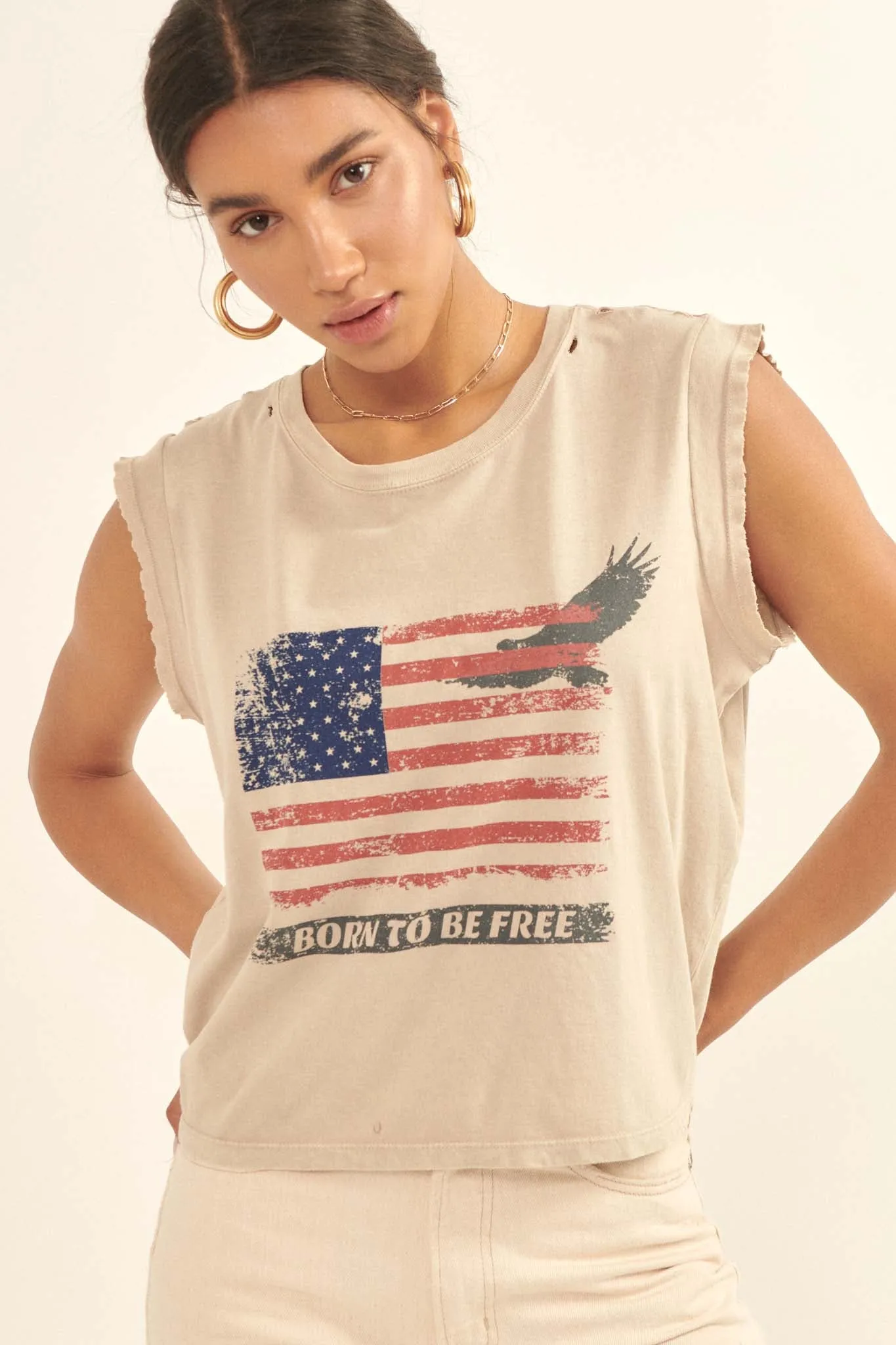 Born to Be Free Vintage-Wash Sleeveless Graphic Tee