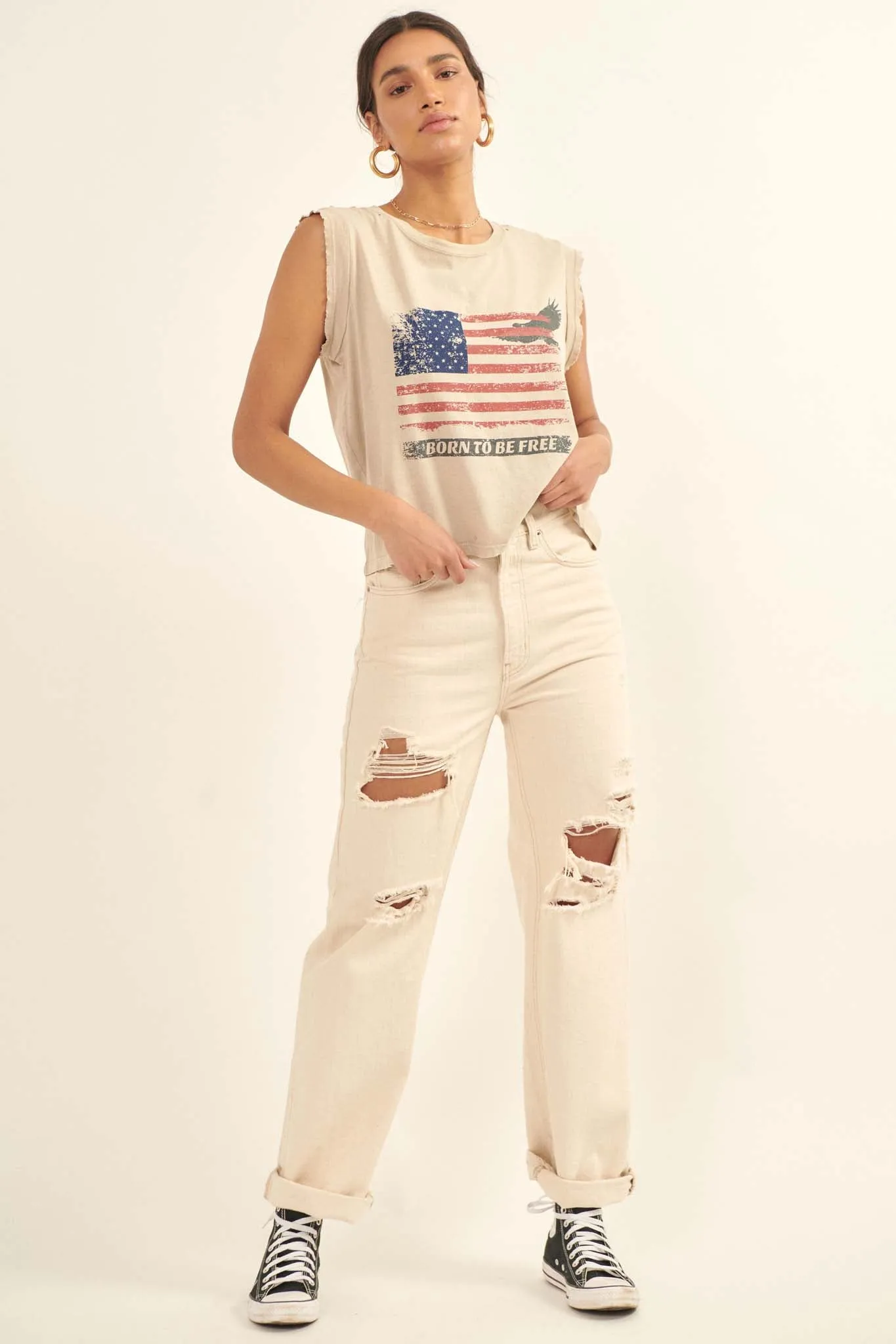 Born to Be Free Vintage-Wash Sleeveless Graphic Tee