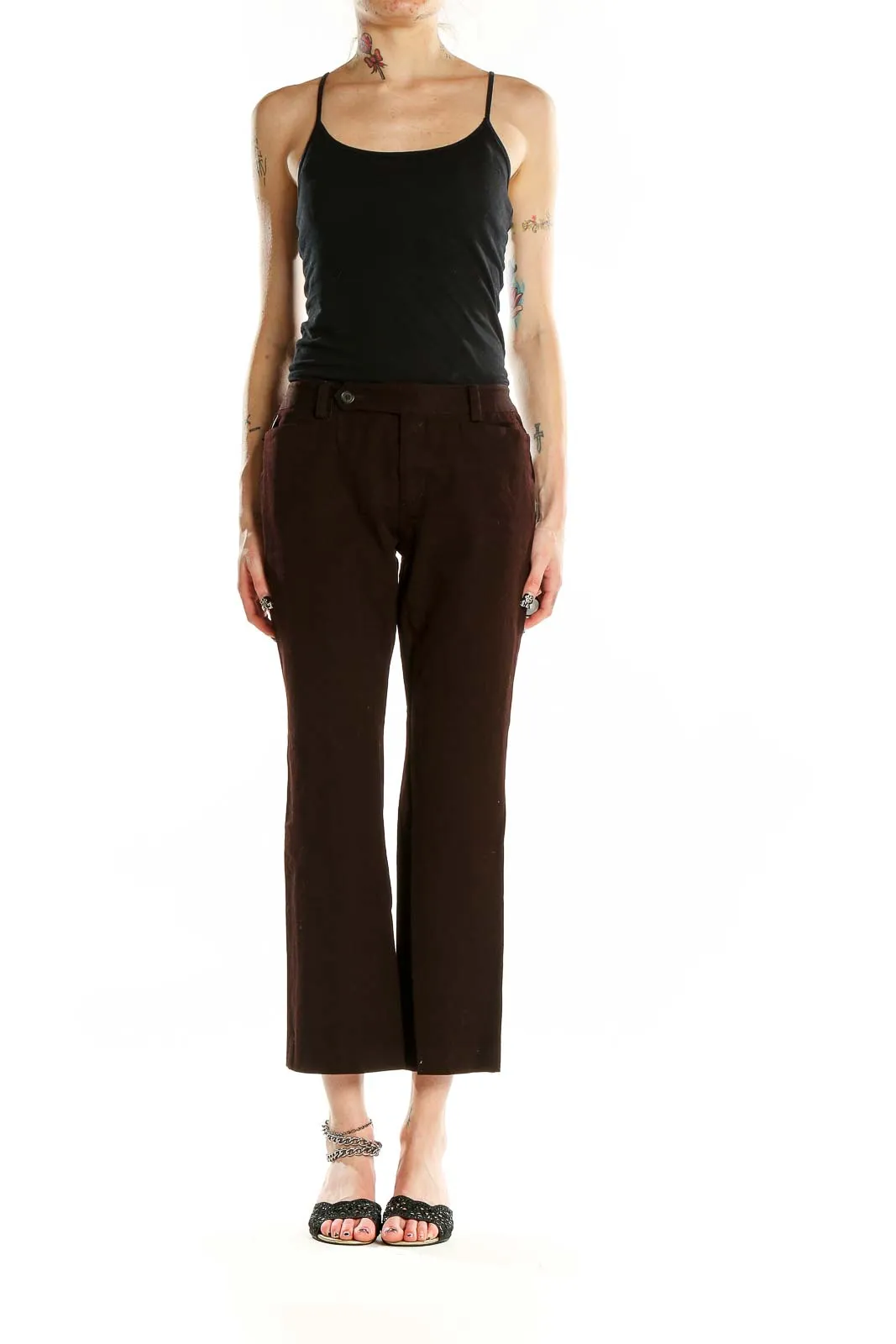 Brown Cotton Blend Cropped Pants