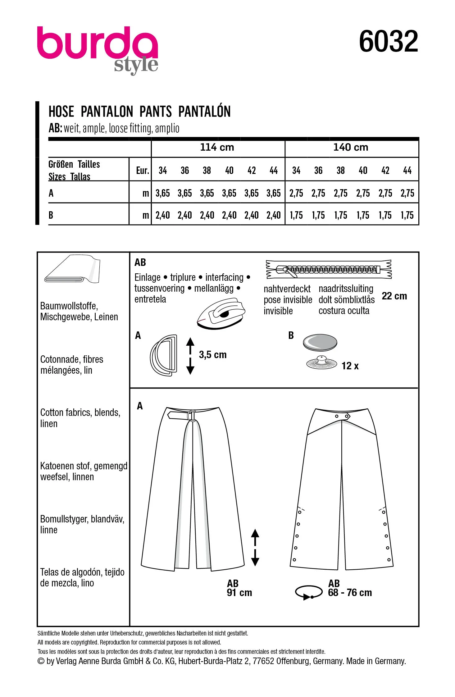 Burda Style Pattern 6032 Ladies Outerwear Trousers/Pants