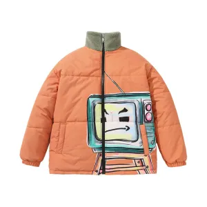 Cartoon TV man printed different material splicing closed sleeve stand collar cotton-padded jacket