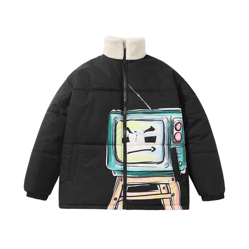 Cartoon TV man printed different material splicing closed sleeve stand collar cotton-padded jacket