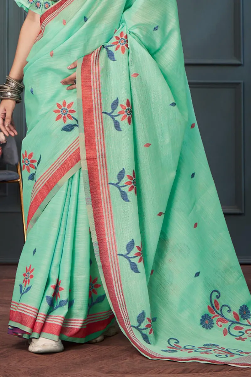 Cynosure Sea Green Cotton Silk Saree With Eloquence Blouse Piece