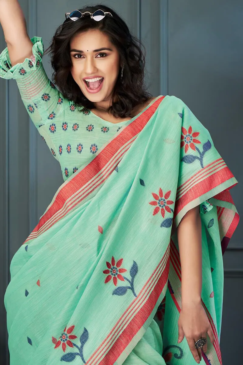 Cynosure Sea Green Cotton Silk Saree With Eloquence Blouse Piece