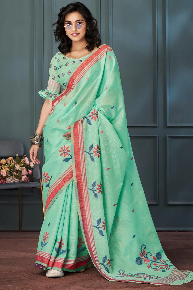 Cynosure Sea Green Cotton Silk Saree With Eloquence Blouse Piece