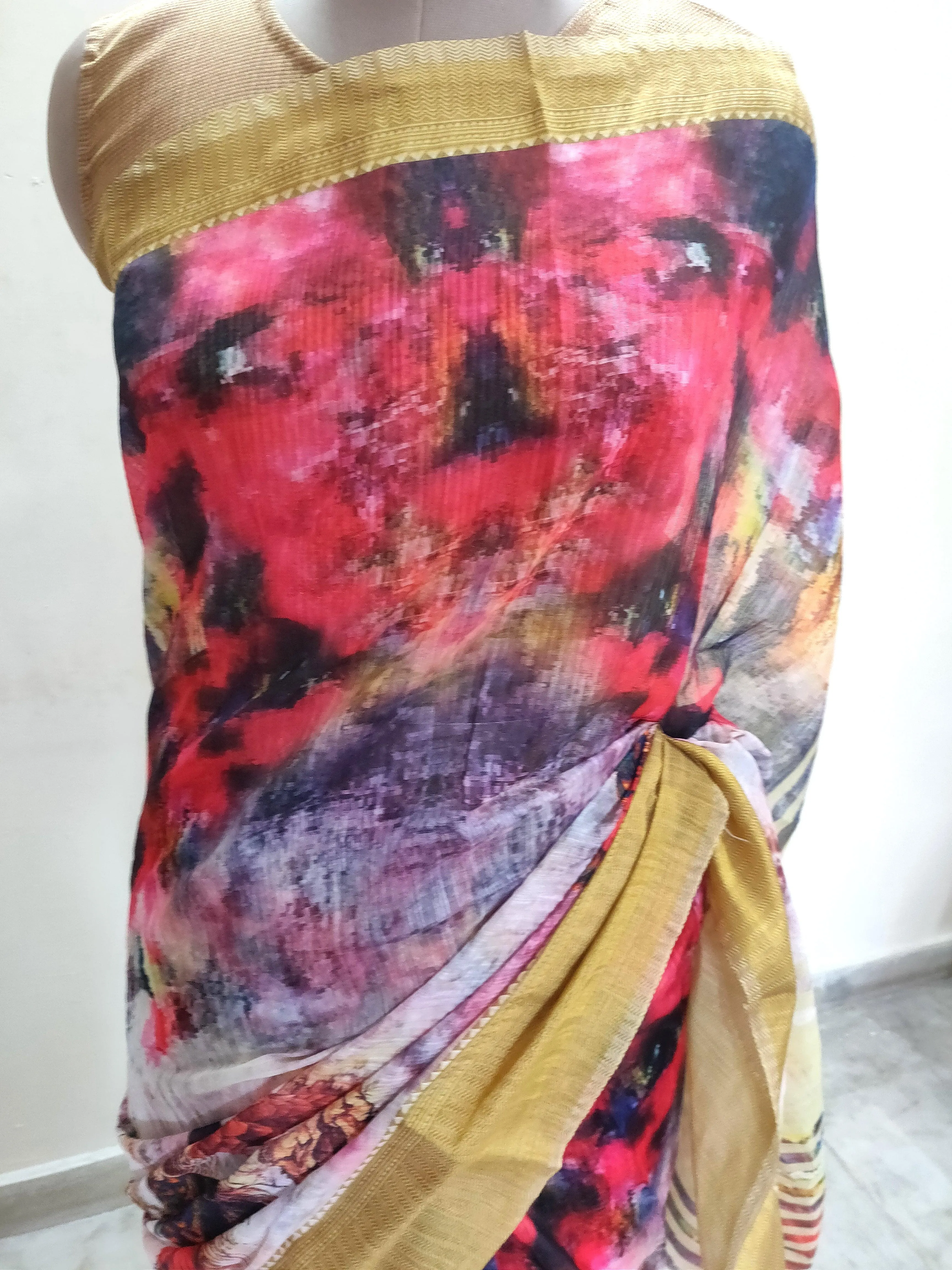 Designer Multi Digital Printed Linen Silk Saree ND04