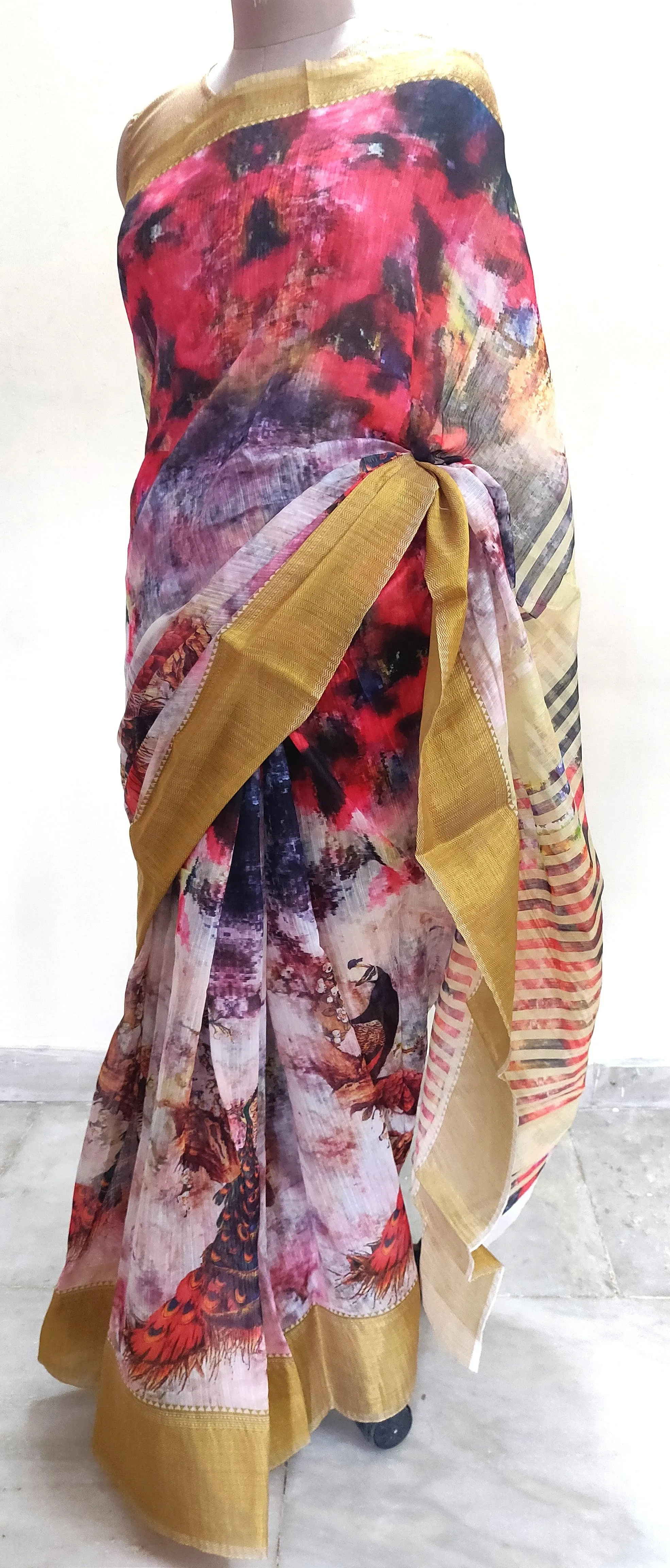 Designer Multi Digital Printed Linen Silk Saree ND04