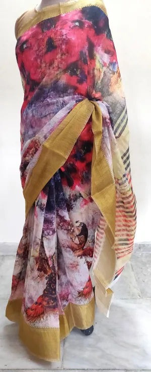 Designer Multi Digital Printed Linen Silk Saree ND04