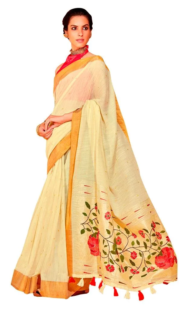 Designer Off White Cream Linen Cotton Zari Foil Printed Saree PR73