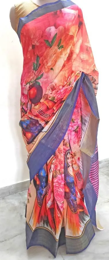 Designer Orange Multi Digital Printed Linen Cotton Saree ND11