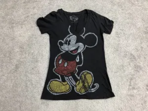 Disney T Shirt Womens Small Black Mickey Mouse Print V Neck Short Sleeve