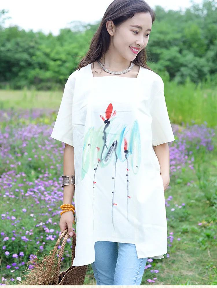 Elegant White Cotton-Linen Short Sleeve Blouse for Women