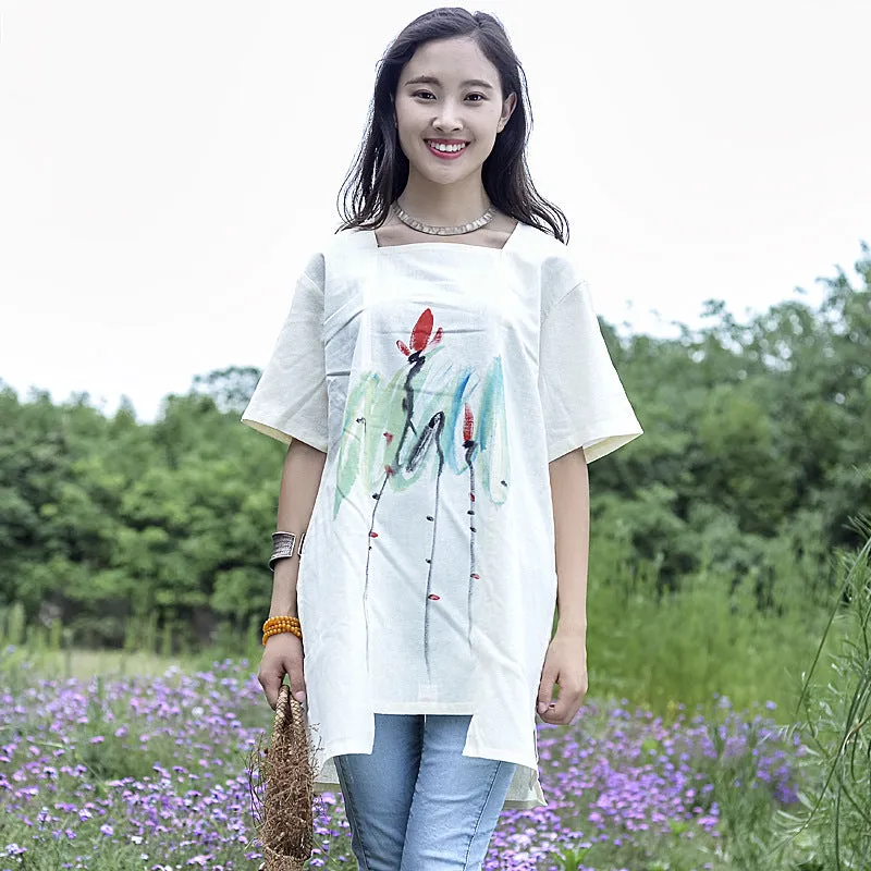 Elegant White Cotton-Linen Short Sleeve Blouse for Women