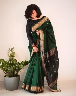 Fancifull Dark Green Linen Silk Saree With Flamboyant Blouse Piece