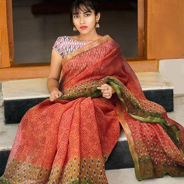 Fantastic Orange Colored Printed  Pure Linen Saree For Women