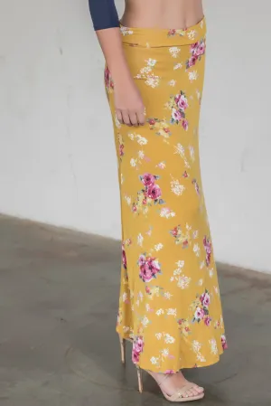 Floral Print Maxi Skirt-Mustard