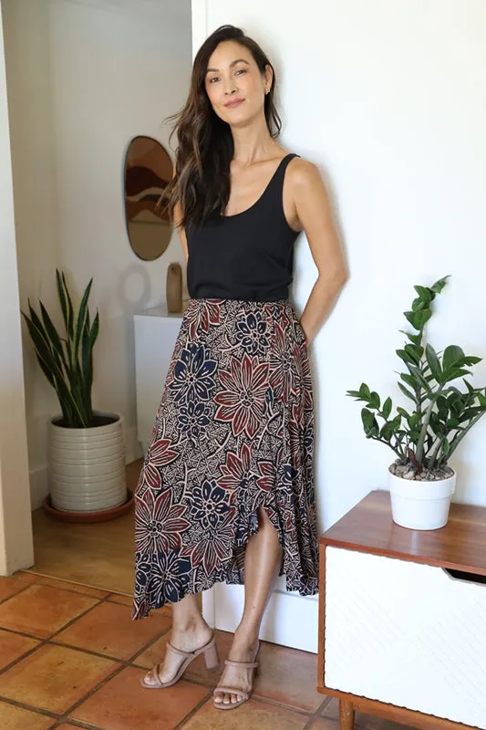 Floral Ruffle Hem Side Slit Midi Skirt - Black Multi