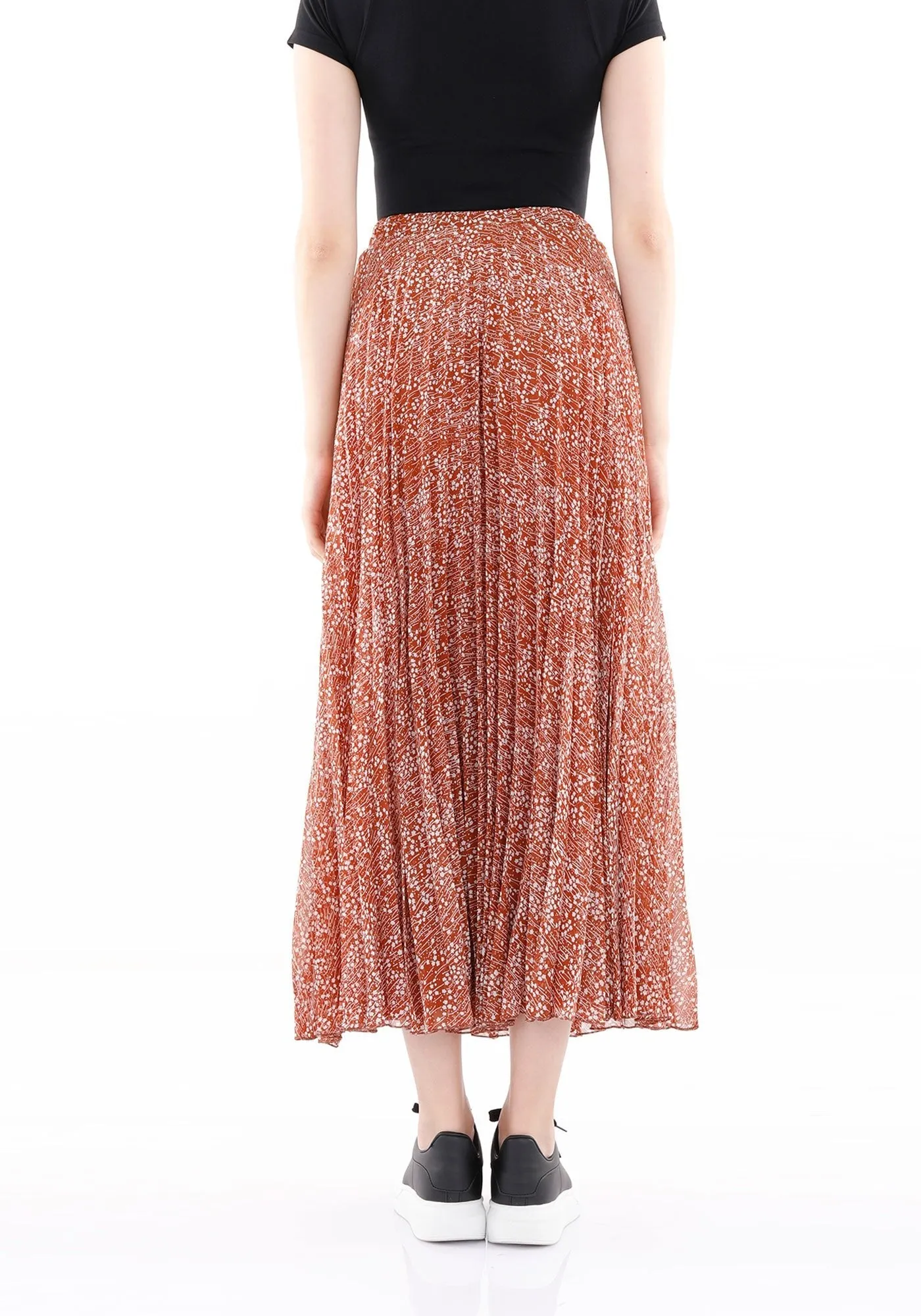 Ginger Brown Pleated Floral Plisse Maxi Skirt with Elastic High Waist