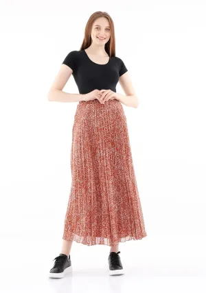 Ginger Brown Pleated Floral Plisse Maxi Skirt with Elastic High Waist