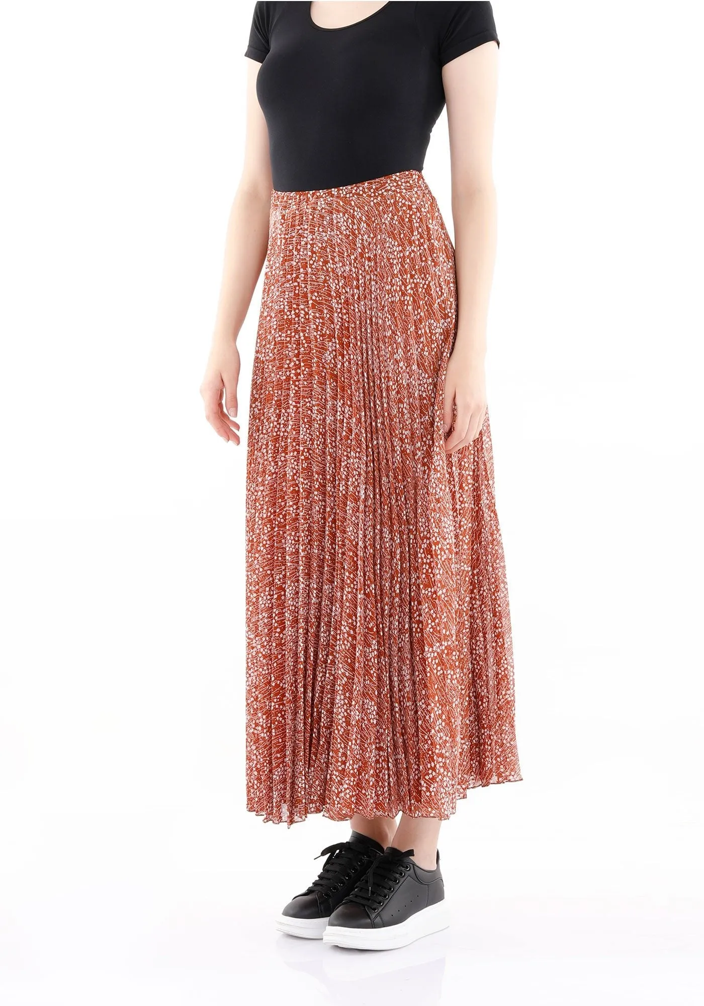 Ginger Brown Pleated Floral Plisse Maxi Skirt with Elastic High Waist