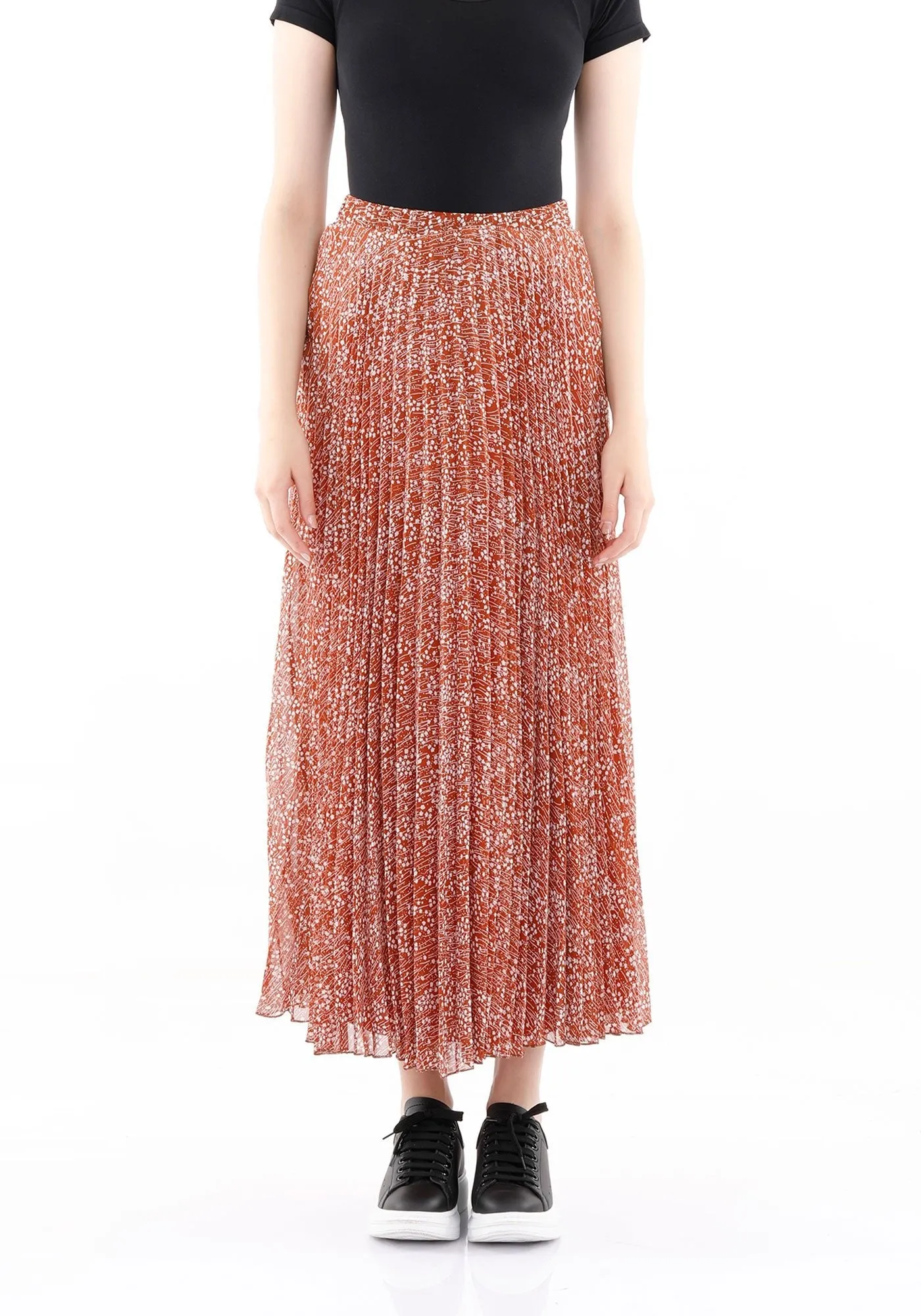 Ginger Brown Pleated Floral Plisse Maxi Skirt with Elastic High Waist