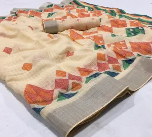 Gorgeous Beige Colored Partywear Printed Pure Linen saree