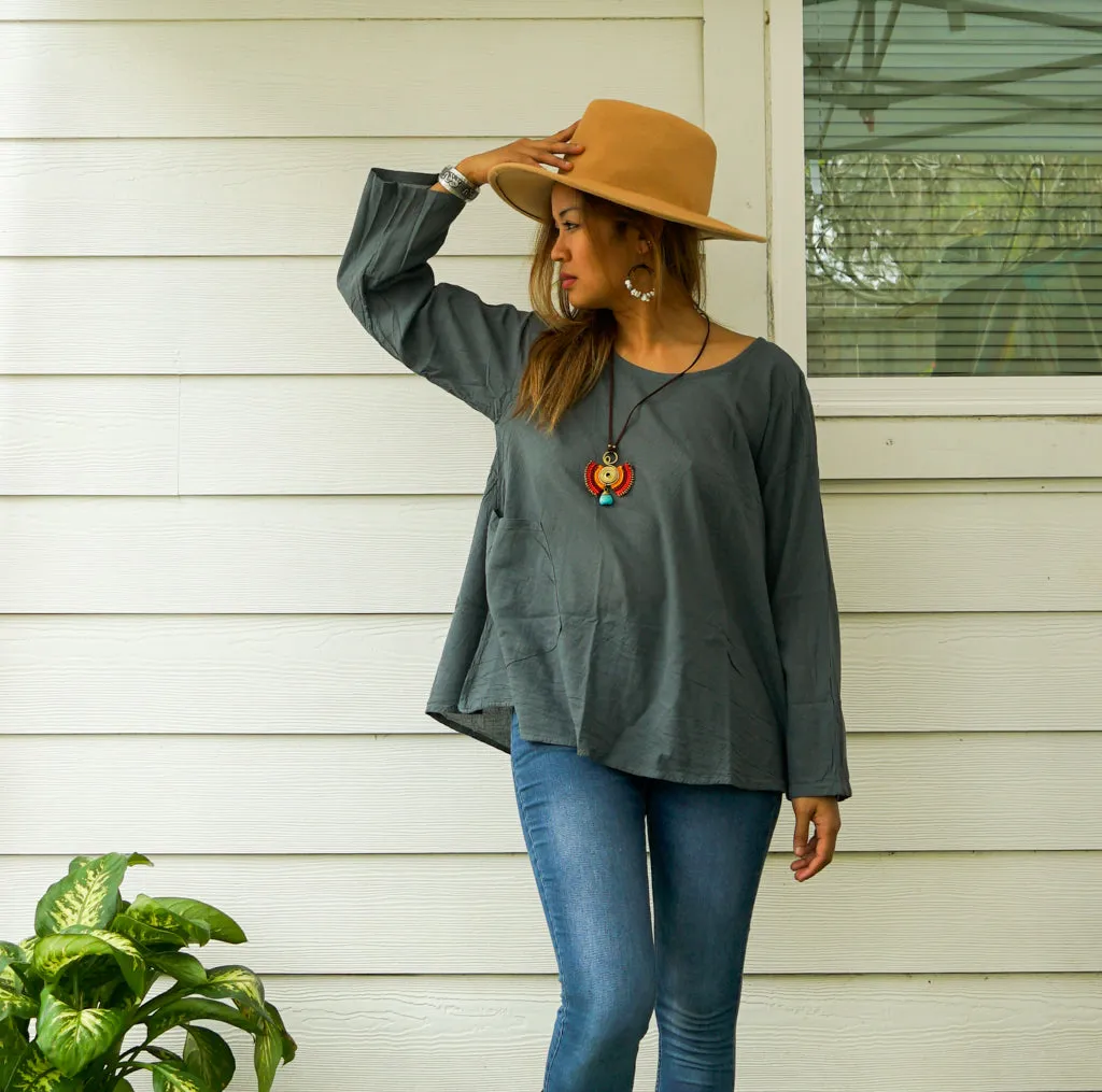 Gray Cotton Gauze Long Sleeve Blouse with Pocket