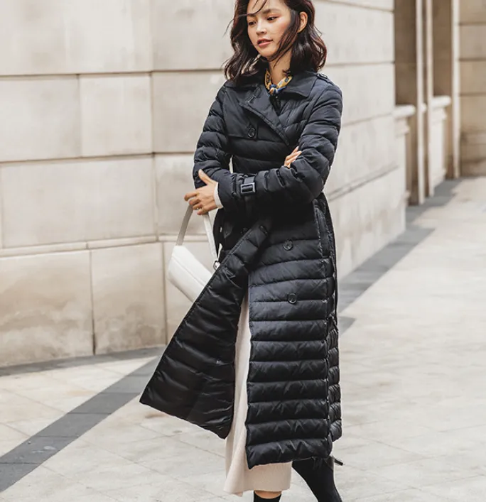 Hooded Puffer Coat Waist Belt Casual Long Winter Women Down Jacket 65002