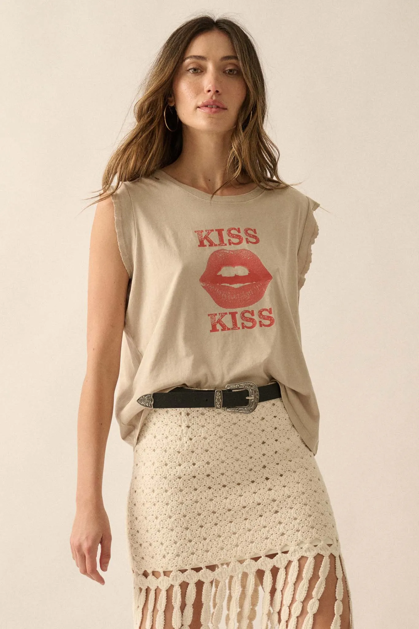 Kiss Kiss Distressed Sleeveless Graphic Tee