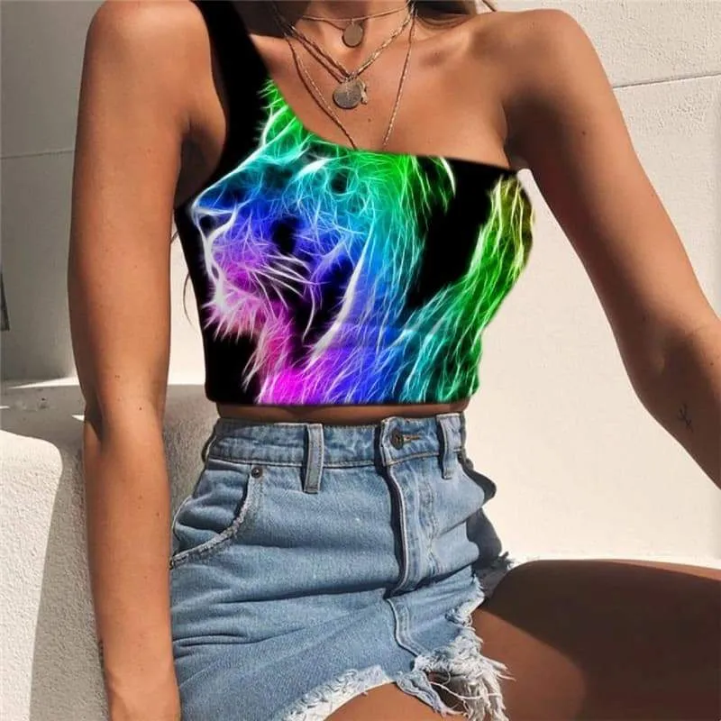 Lion Tank Tops Women Animal Tees Graphic Anime One Shoulder Crop Colorful Sleeveless Shirt Flame Midriff T shirt