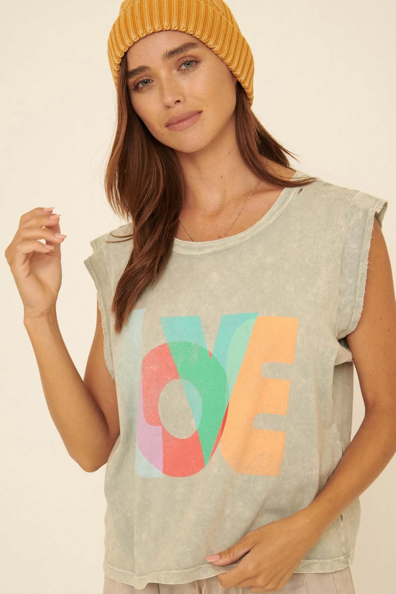 Love Vintage-Wash Sleeveless Graphic Tee