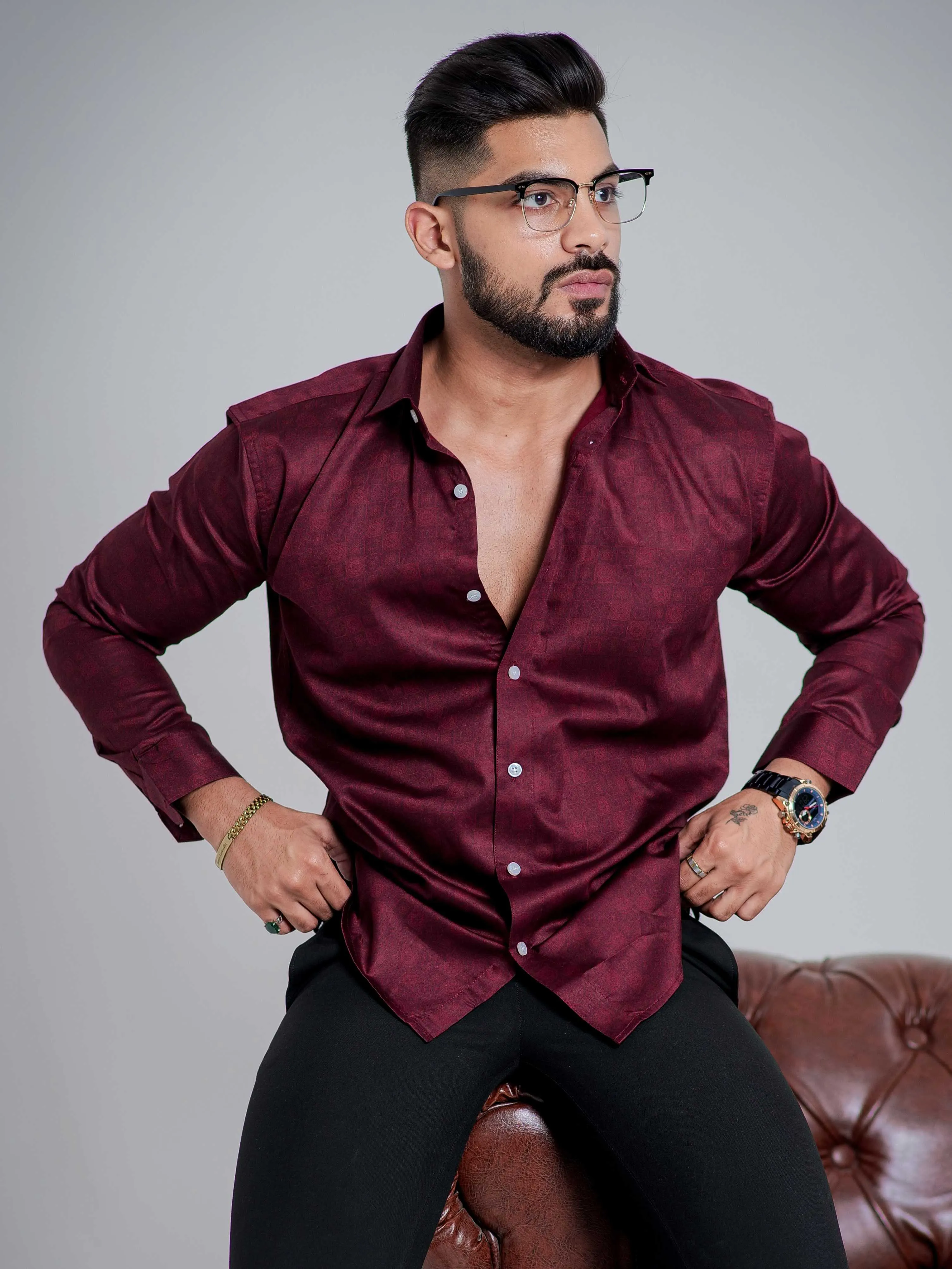 Maroon Satin Print Premium Shirt