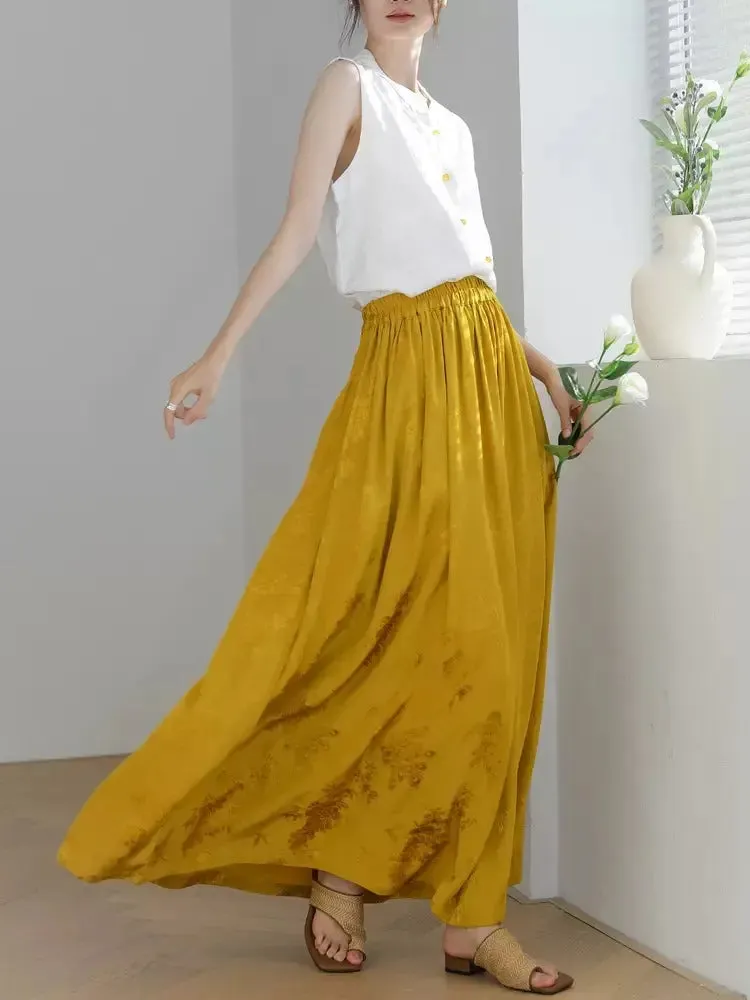 Maxi Skirt for Women's Summer Prom Yellow Jacquard Skirt