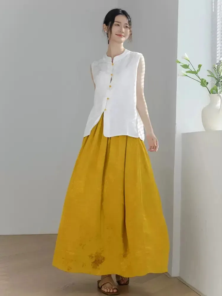 Maxi Skirt for Women's Summer Prom Yellow Jacquard Skirt