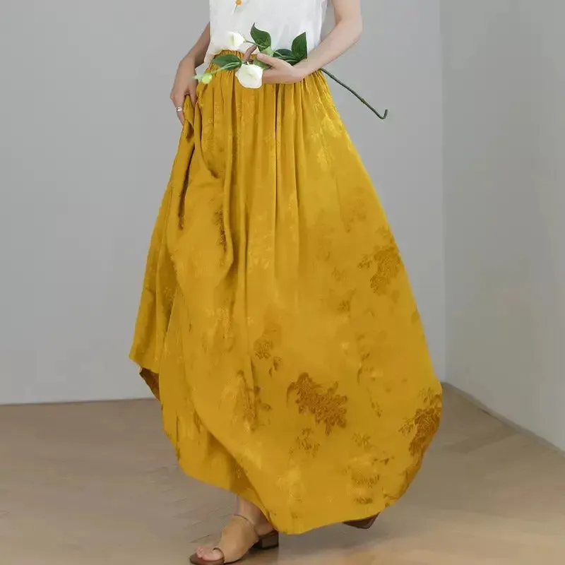 Maxi Skirt for Women's Summer Prom Yellow Jacquard Skirt